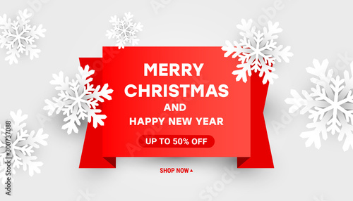 2023 Merry Christmas and Happy New Year composition sale vector discount template with paper cut white snowflakes on a red ribbon text