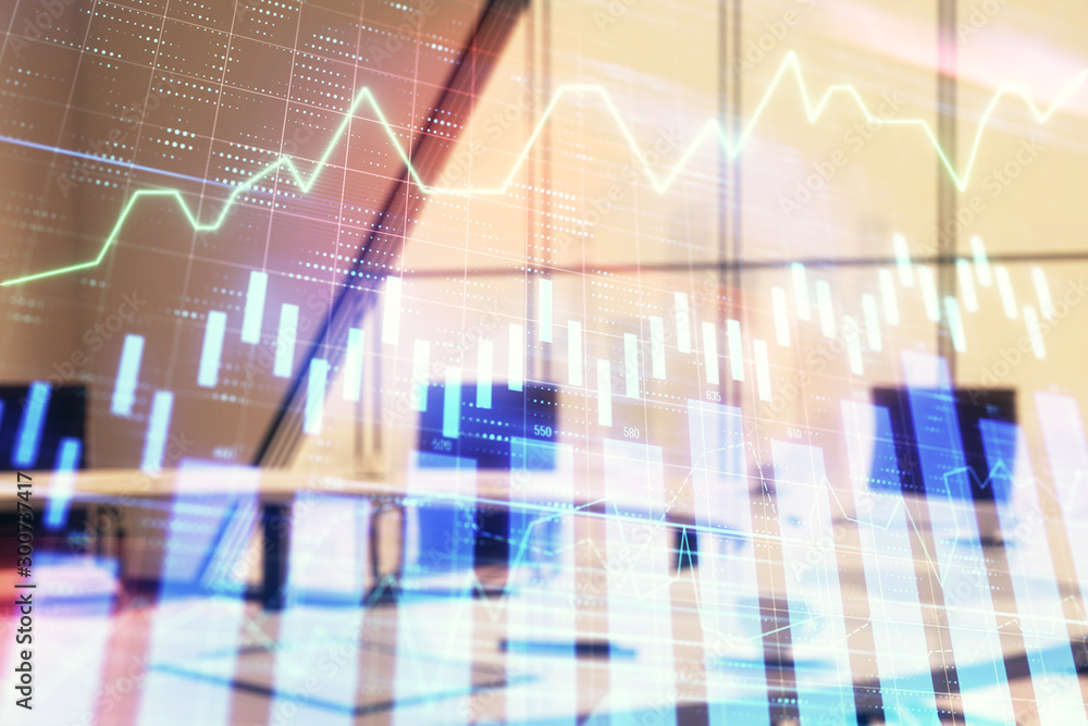 Double exposure of forex chart on conference room background. Concept of stock market analysis Double exposure of forex chart on conference room background. Concept of stock market analysis