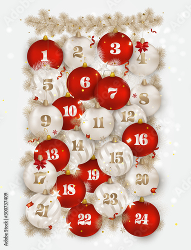 Christmas advent calendar.New Year 2020 greeting card.Red, pearl white christmas balls with number of the day of december, fir branches, 3d stars,confetti, serpentine on the white background. Vector.