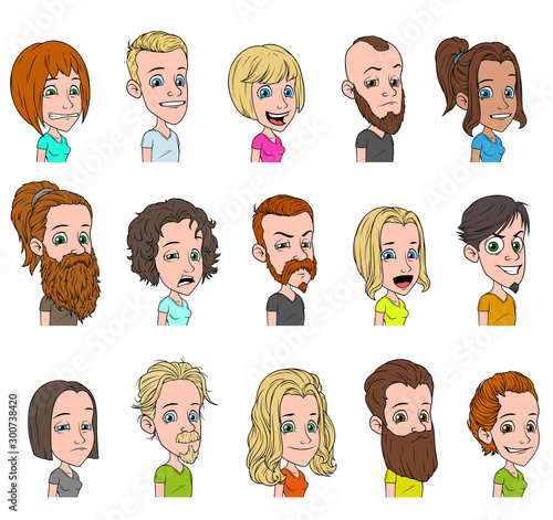 Cartoon funny cute characters avatars with different emotions. Boys and girls. Isolated on white background. Vector icon set.