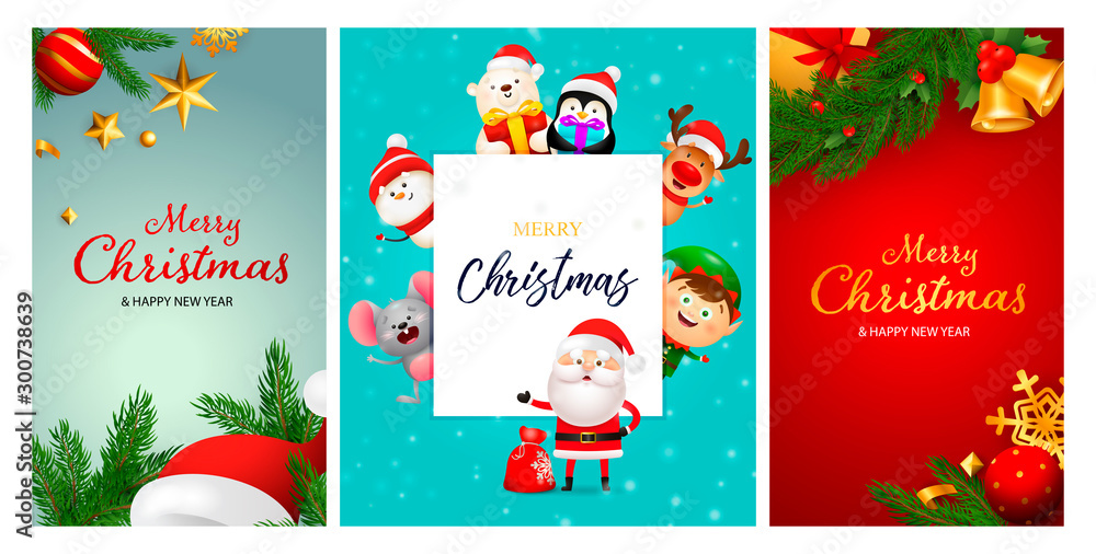 Merry Christmas blue, red banner set with animals Merry Christmas blue, red banner set with animals