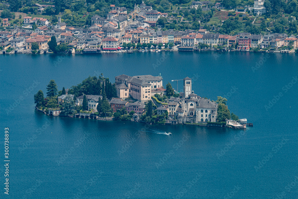 View on the Island San Giulio, in the middle of Lake Orta, Italy
