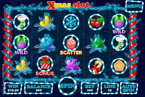 Christmas Slot, game UI interface and icons in blue color. Complete menu for casino game