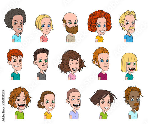 Cartoon funny cute characters avatars with different emotions. Boys and girls. Men and women. Isolated on white background. Vector icon set.