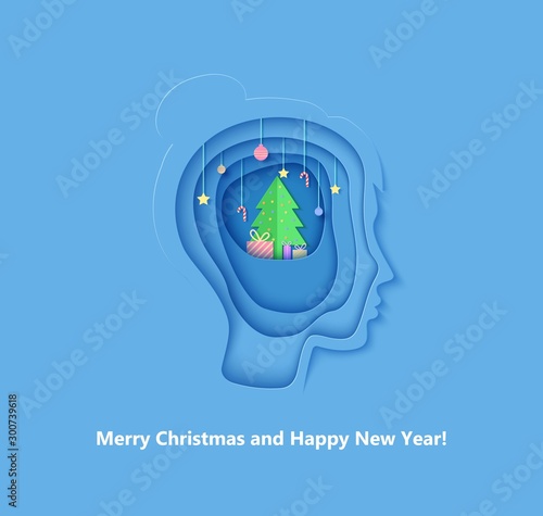 Woman brainstorm head in paper cut style. Silhouette of layered human with think of Christmas gift. Origami creative vector concept profile with New Year decorations on the depth of layers cardboard