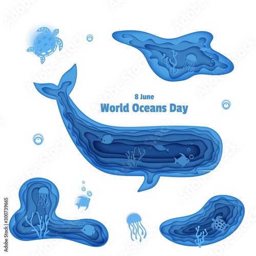 Silhouette of a sperm whale cut out of paper. Papercut style butterflyfish, jellyfish, moonfish, turtle. Craft underwater ocean cave with fishes, coral reef seabed alga Vector World Ocean Day concept.