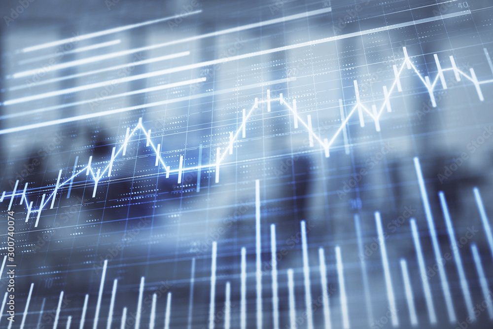 Stock and bond market graph with trading desk bank office interior on background. Multi exposure. Concept of financial analysis Stock and bond market graph with trading desk bank office interior on background. Multi exposure. Concept of financial analysis