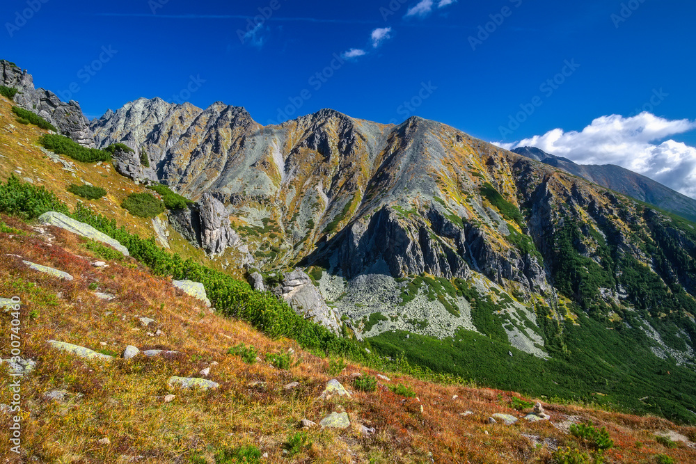 Autumn view of sunny mountains in High Tatras