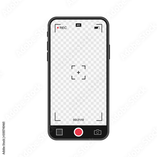Mobile phone with record frame camera. Viewfinder template. 4K phone resolution video rec frame. Video recording screen. Vector graphic design