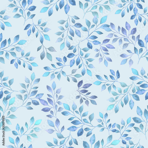 Wallpaper Mural Cold watercolor seamless pattern. Frozen light blue branches with leaves on light cyan background. Torontodigital.ca