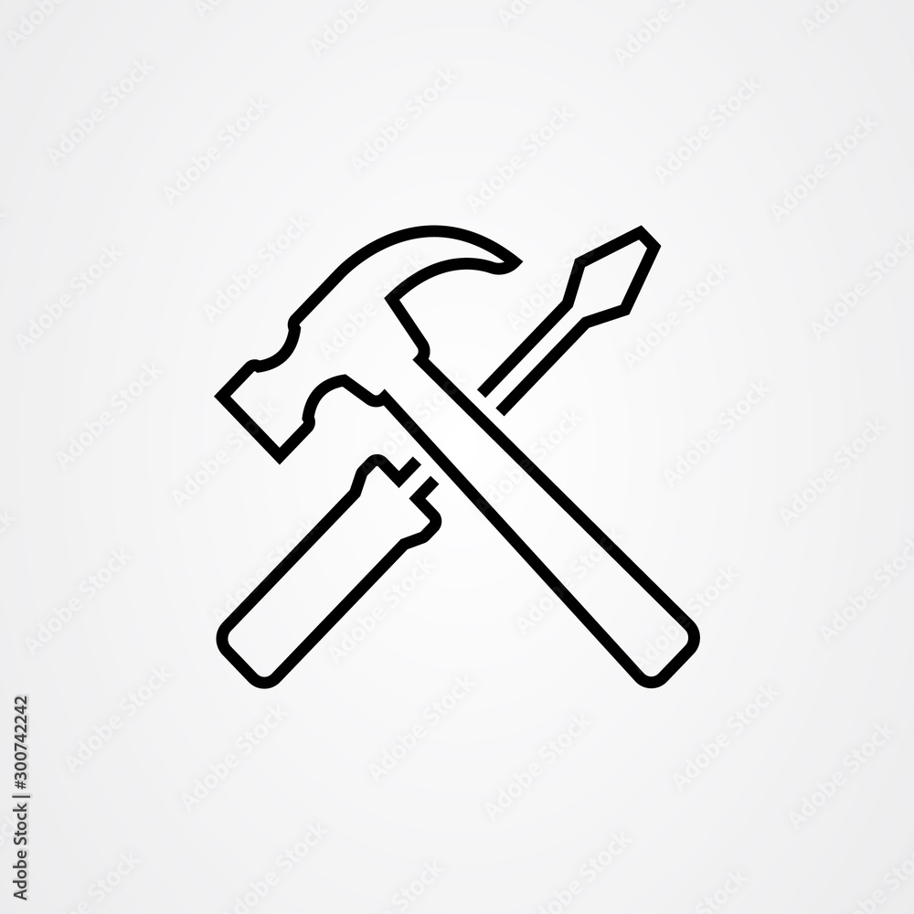 Hammer and screwdriver icon vector in outline style Hammer and screwdriver icon vector in outline style