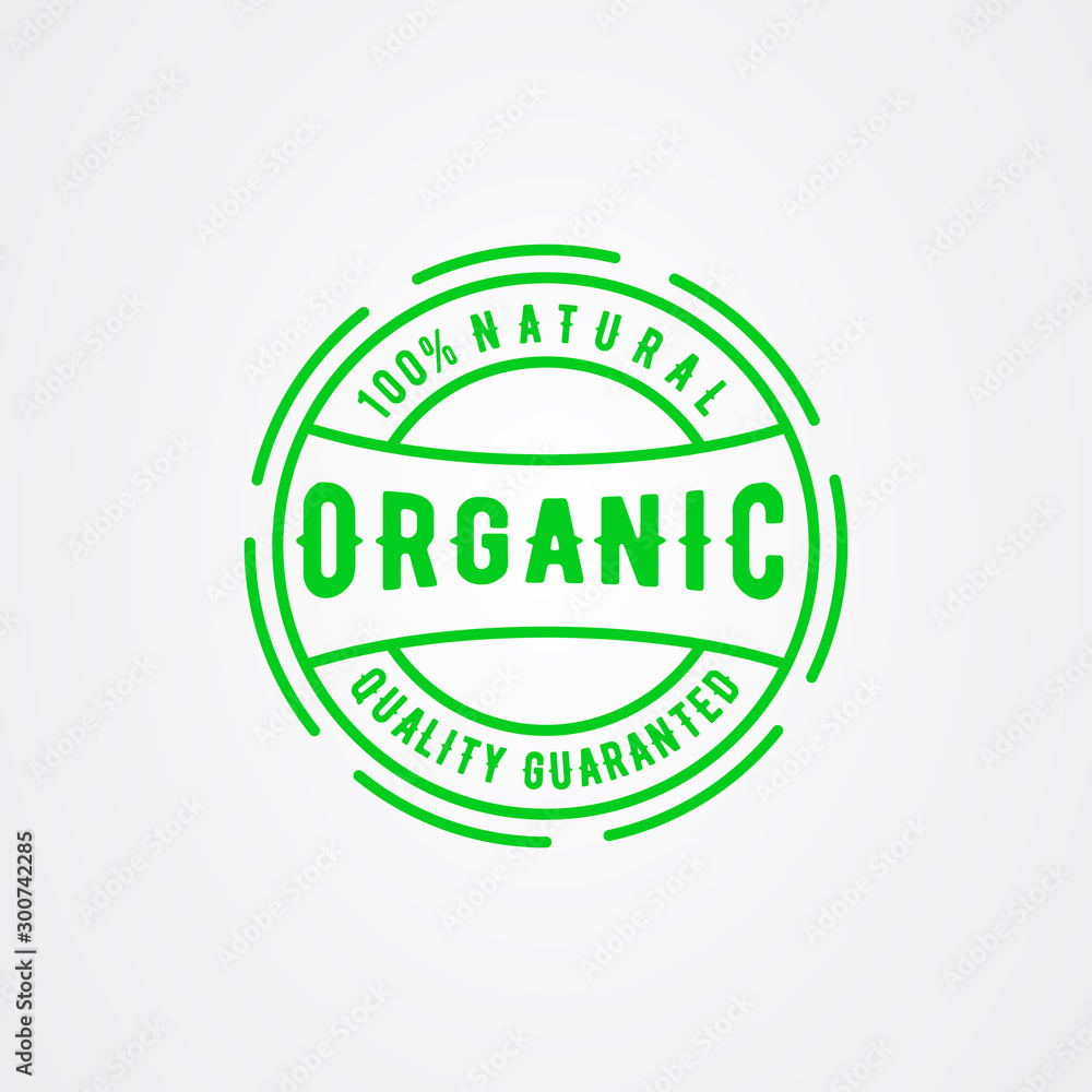 100% natural organic icon logo. Round stamp for natural product. Vector illustration in color style.