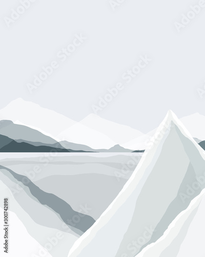 Abstract landscape winter background. Silhouette of the mountain and sky, geometric composition. Poster of landscape in blue and gray cold trendy colors. Vector illustration.