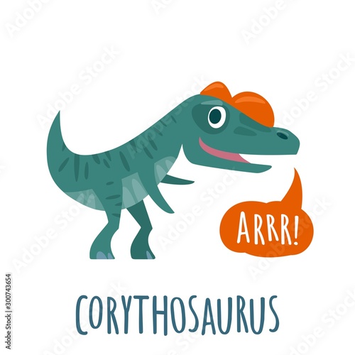 Dinosaur speaks ARRR. Vector colorful flat illustration. Lettering corythosaurus