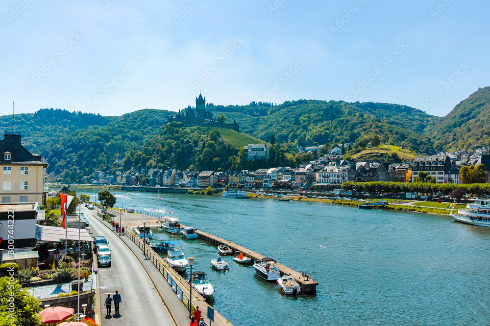 View on small German town Cochem located in Mosel river valley, quality wine regio in Germany