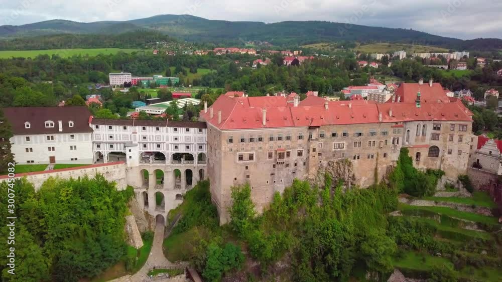 Cesky Krumlov in the Czech Republic. View from the drone on the bridge in the Cesky Krumlov. Cesky Krumlov in the Czech Republic. View from the drone on the bridge in the Cesky Krumlov.