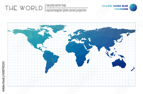 Polygonal map of the world. Equirectangular  plate carree  projection of the world. Yellow Green Blue colored polygons. Beautiful vector illustration.