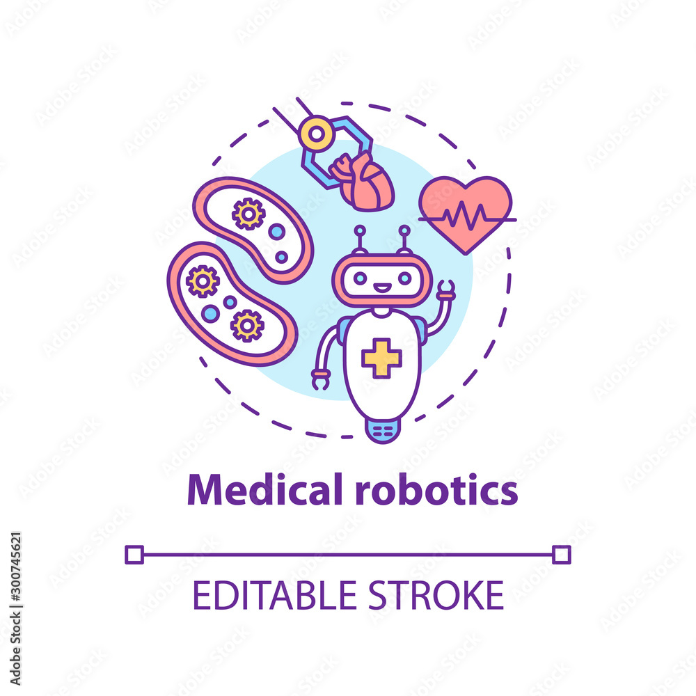 Medical robotics concept icon. Health care computer machines idea thin line illustration. Types of robots, classification. Innovative hospital system. Vector isolated outline drawing. Editable stroke Medical robotics concept icon. Health care computer machines idea thin line illustration. Types of robots, classification. Innovative hospital system. Vector isolated outline drawing. Editable stroke