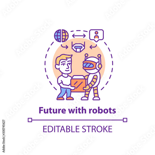 Future with robots concept icon. Robotics in society idea thin line illustration. Interaction with innovative technologies. Contemporary delivery. Vector isolated outline drawing. Editable stroke..