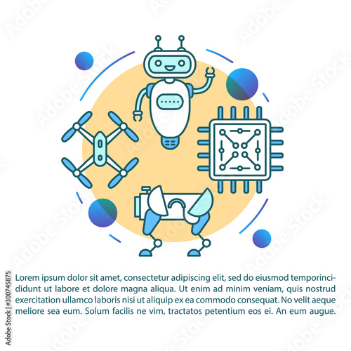 Robot technology article page vector template. Mechanical engineering and cybernetics. Brochure, magazine, booklet design element with linear icons. Print design. Concept illustrations with text