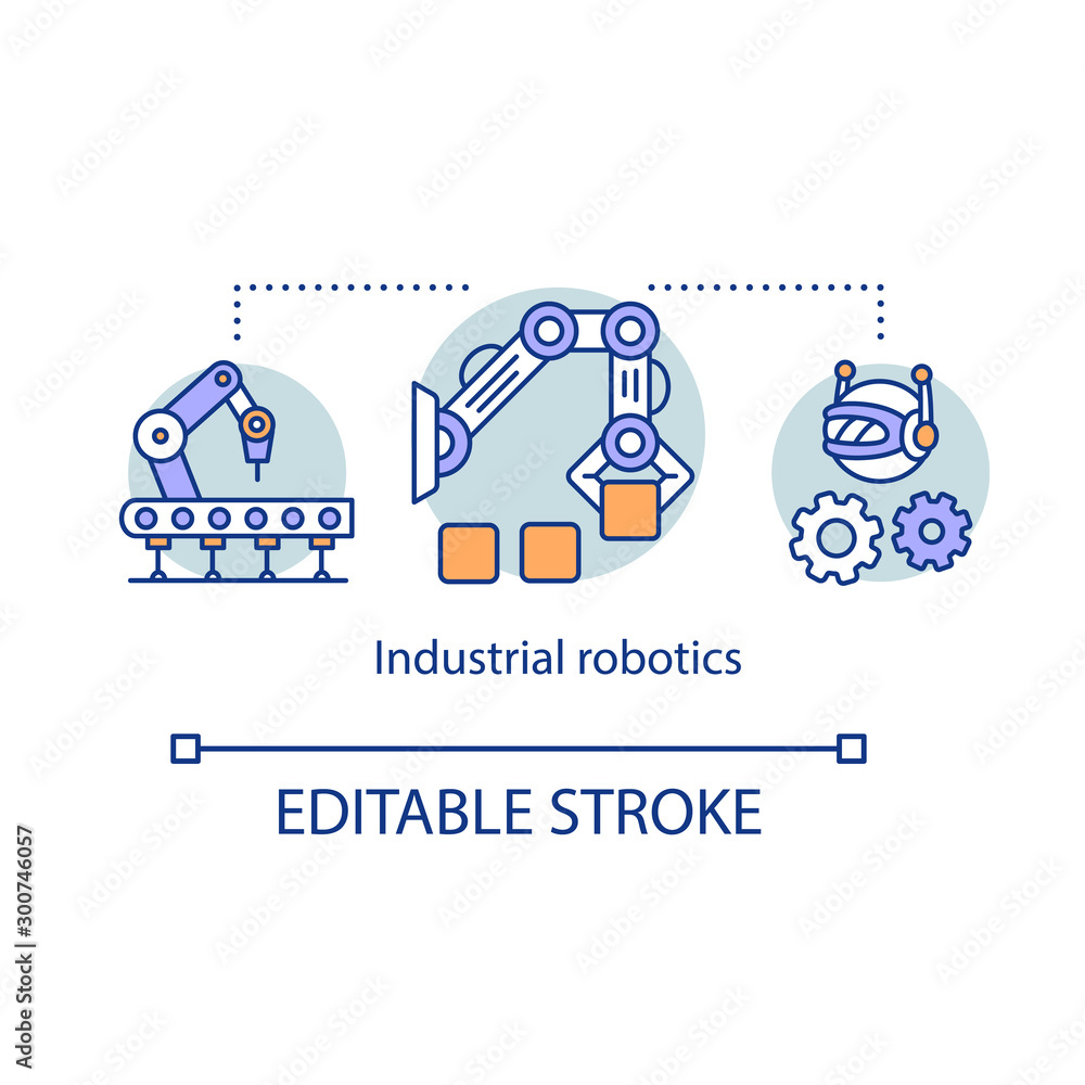 Industrial robotics concept icon. RPA. Artificial intelligence in production. Robot manipulator and conveyor idea thin line illustration. Vector isolated outline drawing. Editable stroke