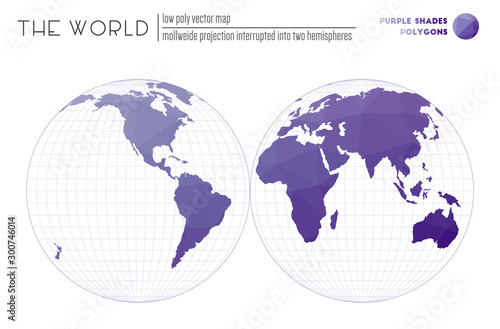 World map with vibrant triangles. Mollweide projection interrupted into two hemispheres of the world. Purple Shades colored polygons. Amazing vector illustration.