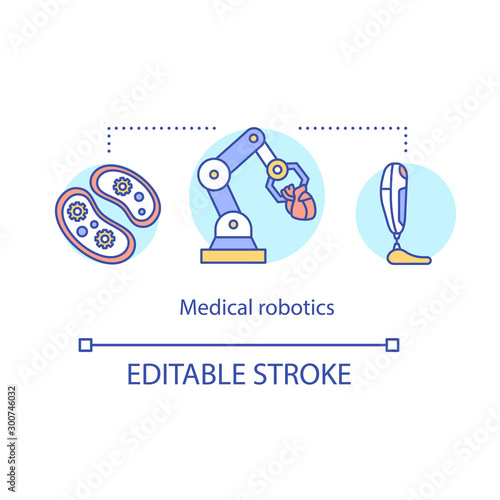 Medical robotics concept icon. Surgical robot. Computer technology in healthcare. Biotechnology in medicine idea thin line illustration. Vector isolated outline drawing. Editable stroke