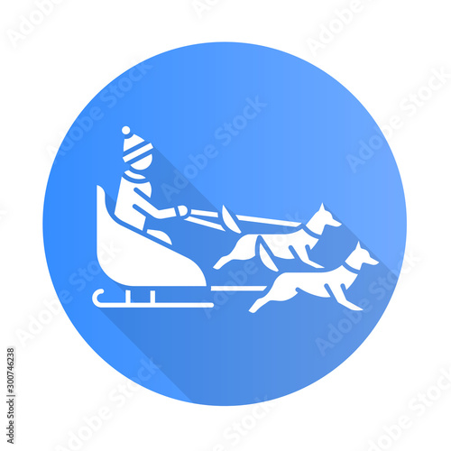 Dog sledding blue flat design long shadow glyph icon. Winter extreme sport, risky activity. Sleigh riding. Cold season outdoor leisure. Group of husky and musher. Vector silhouette illustration