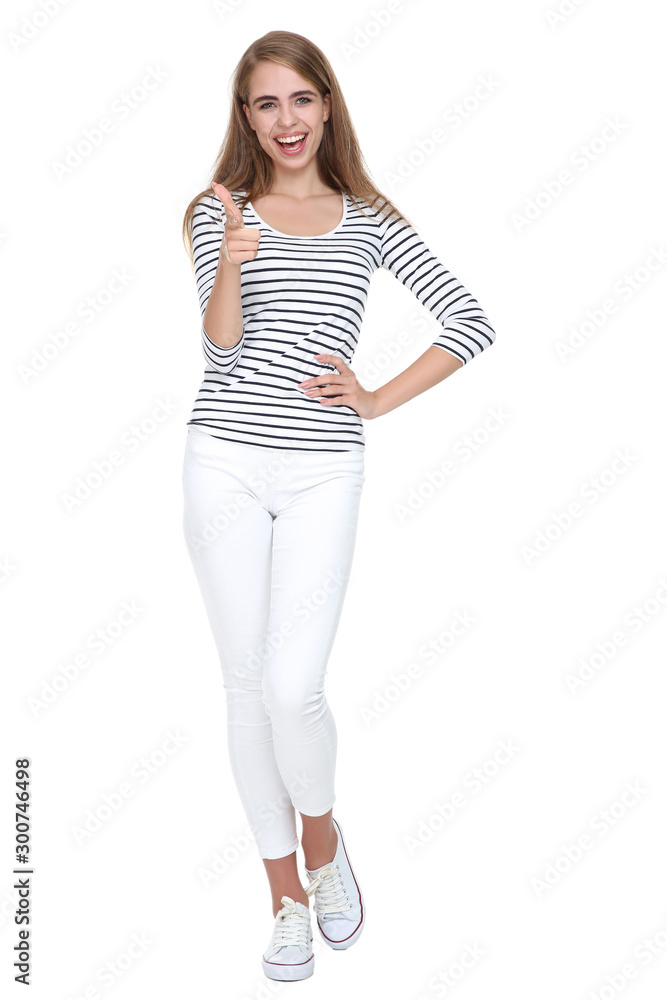 Young beautiful girl gesturing with finger isolated on white background Young beautiful girl gesturing with finger isolated on white background
