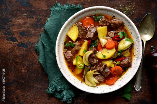 Beef stew with vegetables. Top view with copy space.