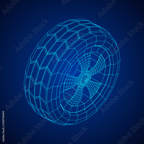 Automobile rubber car wheel tire and rim. Wireframe low poly mesh vector illustration. Auto service repair concept.