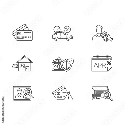 Credit linear icons set. APR report. Plastic credit card. Insurance program. Home, car loan. Borrow cash, money. Thin line contour symbols. Isolated vector outline illustrations. Editable stroke