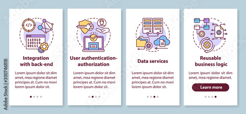 Software development onboarding mobile app page screen with linear concepts. Integration with back-end walkthrough 4 steps graphic instructions. UX, UI, GUI vector template with illustrations