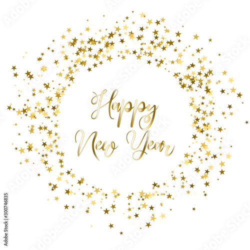 New Year card with the inscription and gold stars on a white background