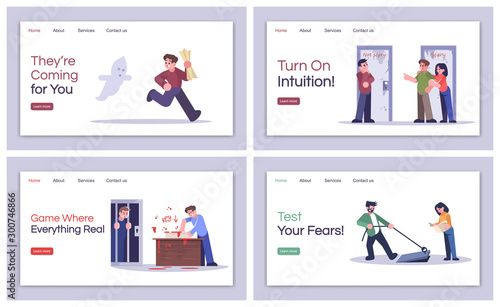 Escape room landing page vector templates set. Turn on intuition, website interface idea with flat illustrations. Test your fears homepage layout. Quest room web banner, webpage cartoon concept