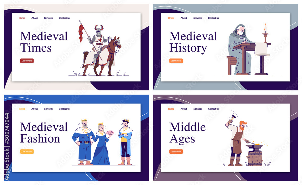 Medieval hisory, warfare, fashion, crafts landing page vector template set. Middle Ages website interface idea with flat illustrations. Homepage layout pack. Web banner, webpage cartoon concept