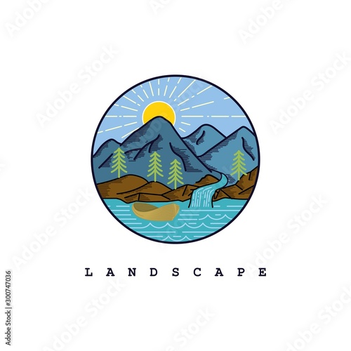 Nature view illustration with line art style logo design template	