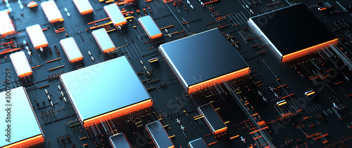 Photo Printed circuit board futuristic server/Circuit board futuristic server code processing