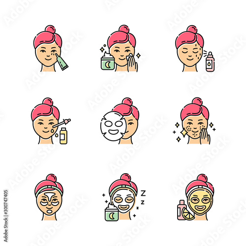 Skin care procedures color icons set. Night time beauty routine. Applying undereye cream. Sheet cotton mask. Spot treatment. Hydrogel patches. Vitamin C serum. Isolated vector illustrations
