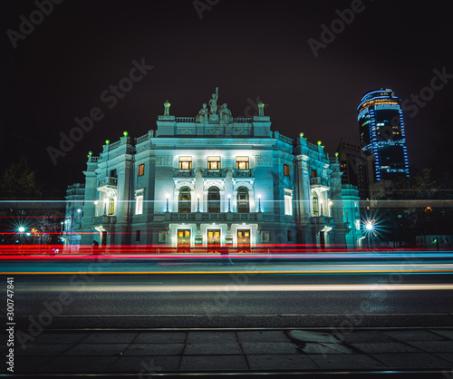 Photography Light trails of passing cars in front of Yekaterinburg Academic Opera and Ballet