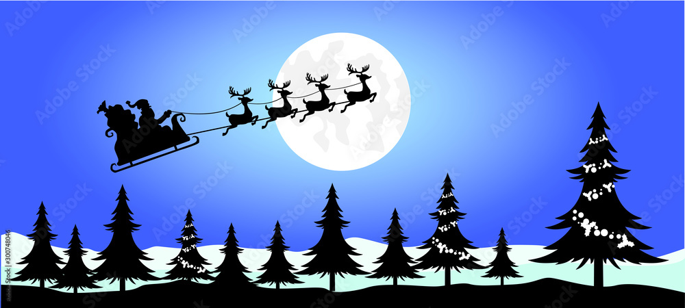 Santa’s sleigh, Christmas tree and reindeer , illustration of santa driving his sleigh with the moon as the background. beautiful christmas scene. light blue black and purple colours. Wide wallpaper