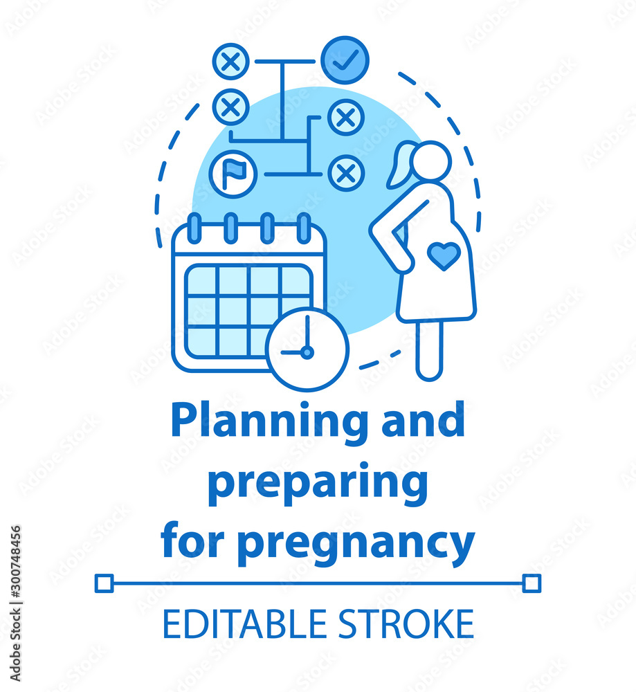 Planning and preparing for pregnancy concept icon. Planned parentship idea thin line illustration. Future mother. Calendar method, ovulation. Vector isolated outline drawing. Editable stroke Planning and preparing for pregnancy concept icon. Planned parentship idea thin line illustration. Future mother. Calendar method, ovulation. Vector isolated outline drawing. Editable stroke