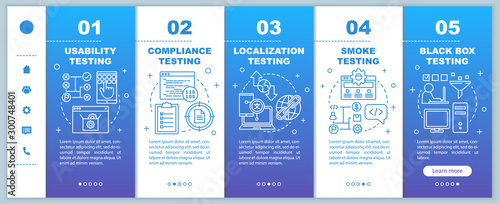Usability testing blue onboarding mobile web pages vector template. Responsive smartphone website interface idea with linear illustrations. Webpage walkthrough step screens. Color concept