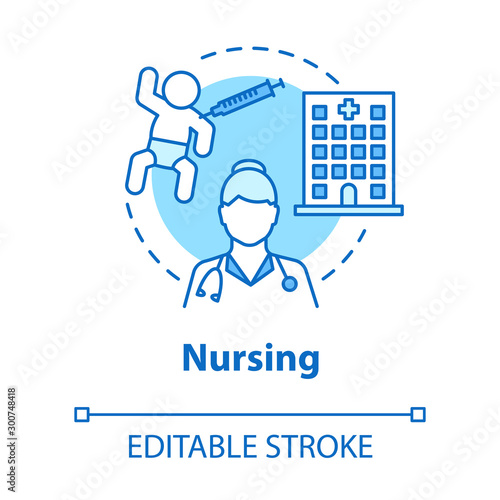Nursing concept icon. Child medical care idea thin line illustration. Doctor, nurse, pediatrician. Baby healthcare, hospital, vaccination. Vector isolated outline drawing. Editable stroke