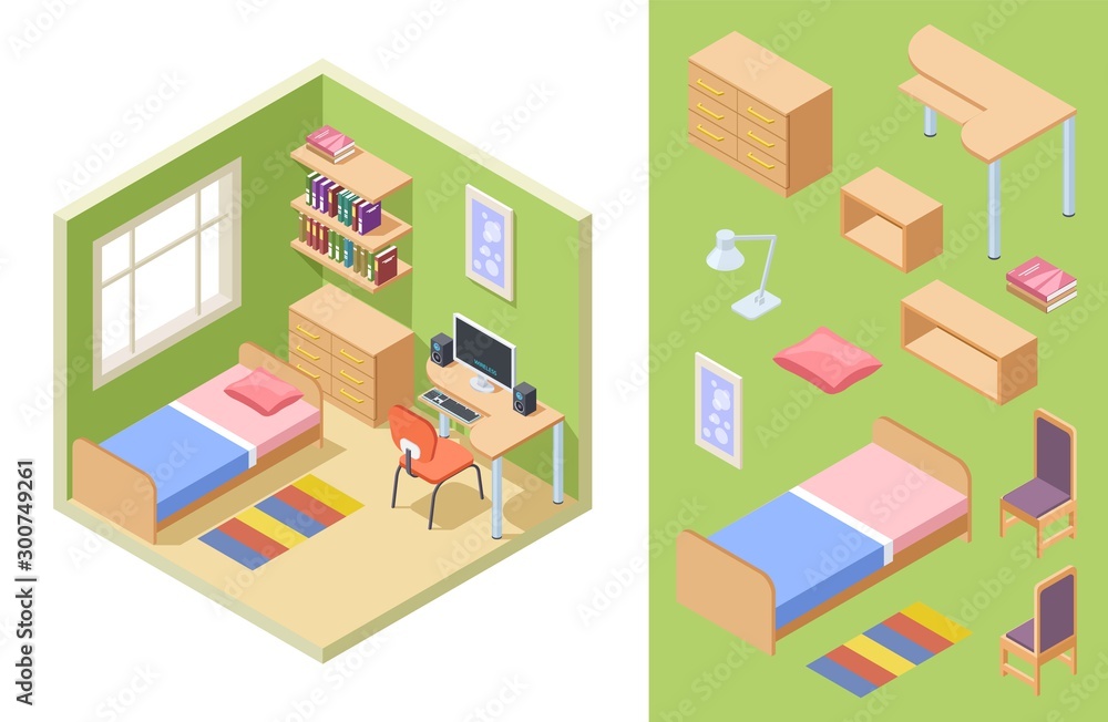 Teenagers room isometric. Vector bedroom concept. Interior for student with sofa, chairs, desk, bookshelves. Isometric indoor interior, bedroom teenager illustration