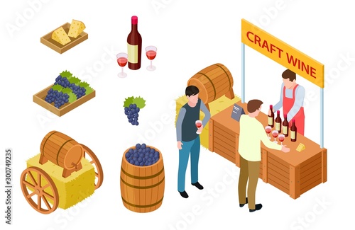 Craft wine tasting. Winemaking isometric concept. Vector grapes, cheese, market stall, wooden barrel. Illustration wine taste near stall, bottle winery tasting