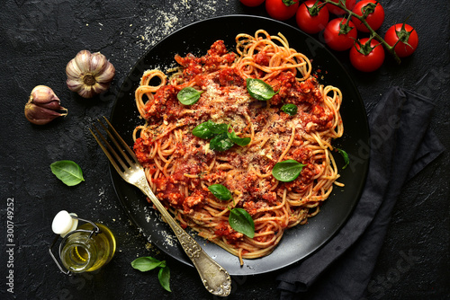 Traditional italian spaghetti bolognese. Top view with copy space.