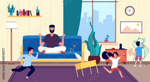 Calm dad and kids. Father meditates among running naughty, mischievous children creating chaos in room. Calming person vector concept. Meditation father, kid drawing on wall illustration