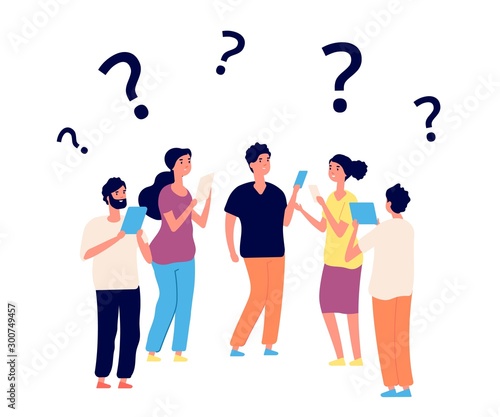 Finding solution. Thinking people, teamwork. Vector persons think with question marks. Question problem, solution idea, people riddle illustration