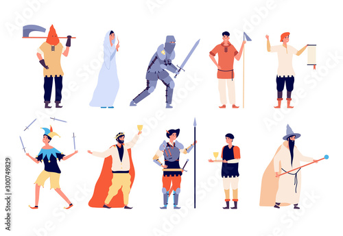 Medieval characters. Fairy and knight, peasant and executioner, wizard and king, warrior and joker fairytale cartoon vector set. Illustration of magician and viking, fairytale knight and king